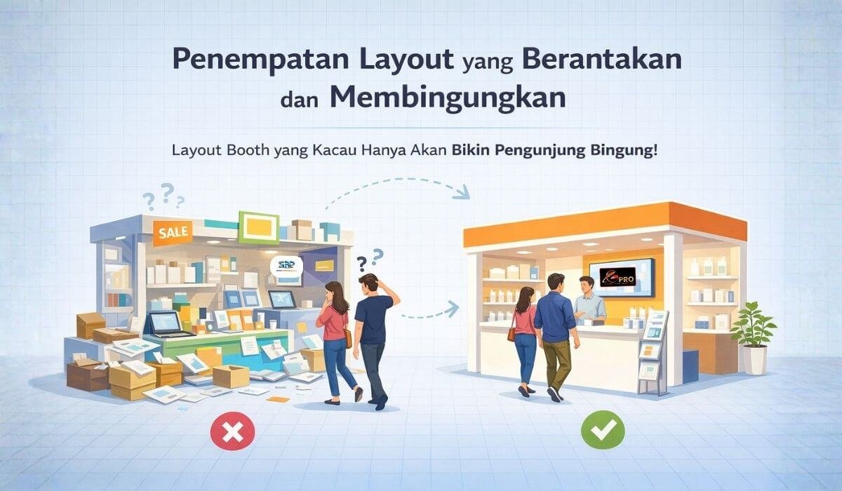 Contoh penempatan layout booh yang berantakan dan membingungkan serta rekomendasinya