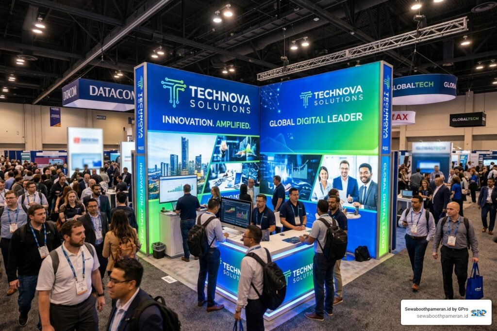Backlit trade show display yang menyala terang di tengah hall pameran - lightweight trade show booths