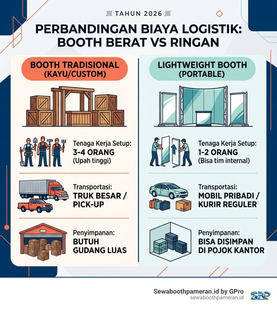 Infografis perbandingan biaya logistik booth berat vs ringan - lightweight trade show booths infographic 